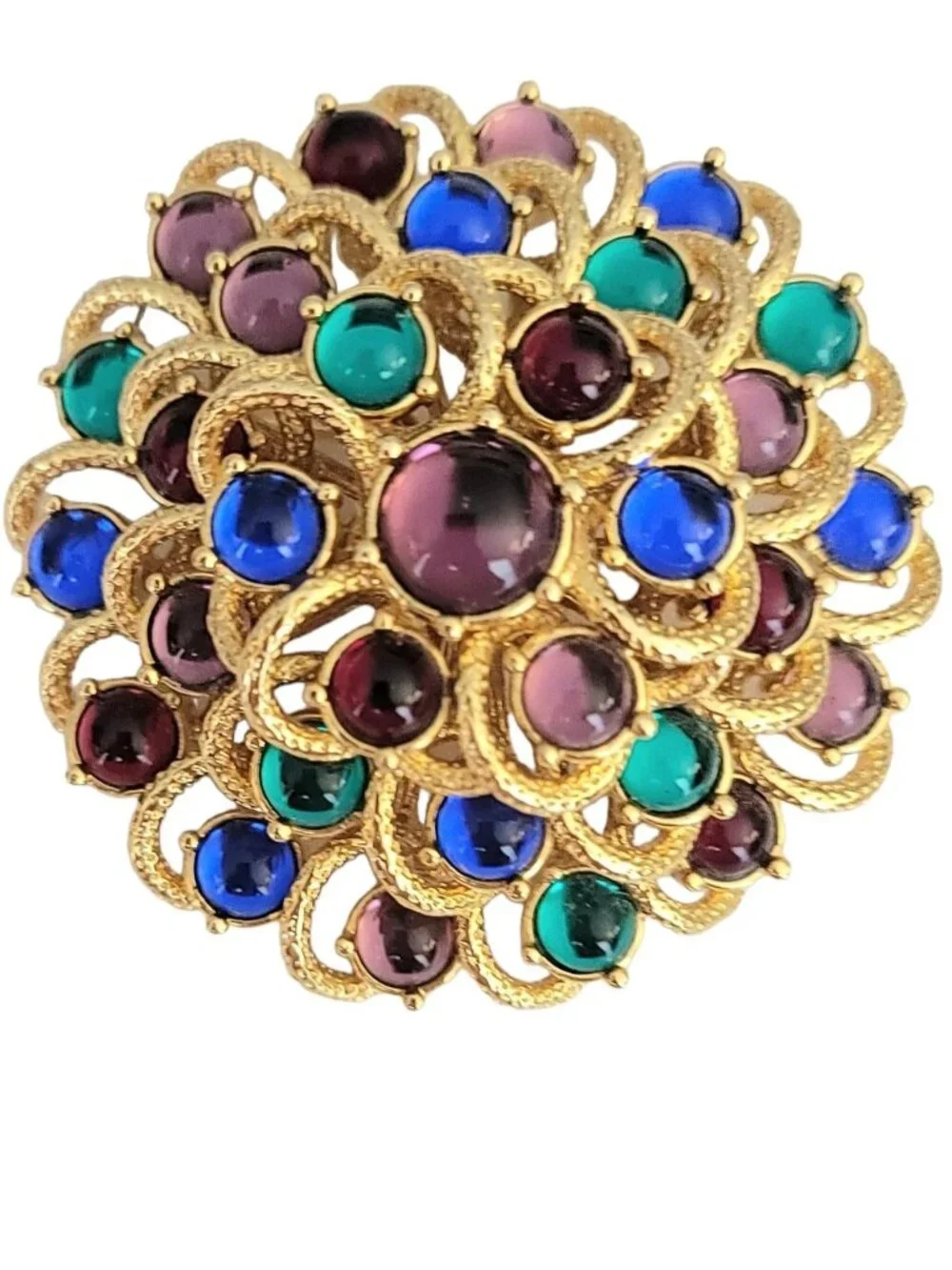Monet Gold Tone Moghul Jewels Of India Glass Cabochon Round Cluster Brooch Pin